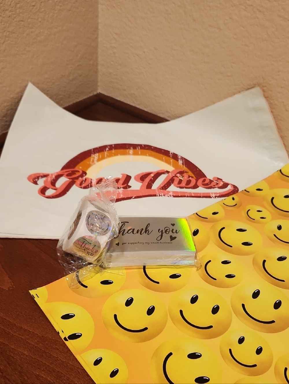 Good Vibes Shipping Bundle- 8 Polymailers, 475 Stickers & 50 Thank You Cards